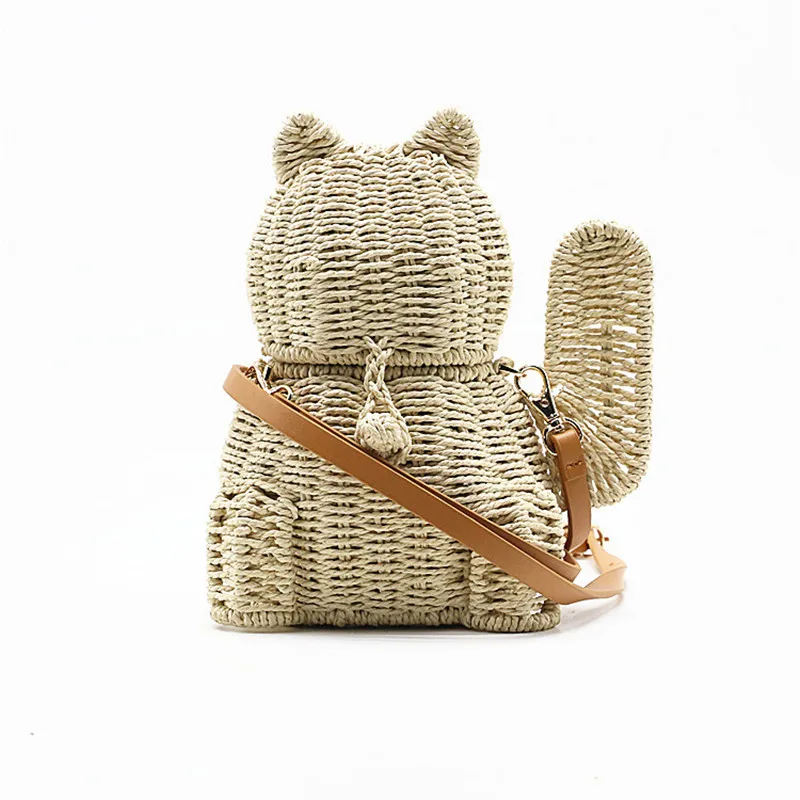 

New Rattan Straw Bags Ladies Lucky Fashion Cat Crossbody Messenger Hand Bags Women Girl Basket Free Shipping