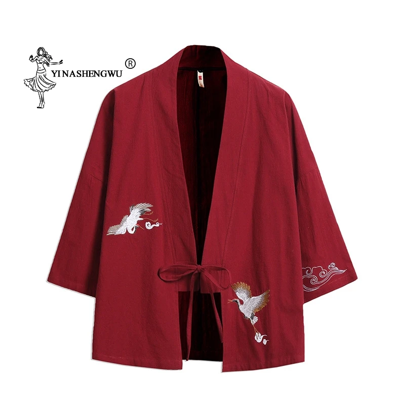 Kimono Cardigan Men Japanese Kimono Traditional Beach Thin Crane Embroidery Asian Clothes Yukata Male Samurai Casual Shirt Kimon image 6