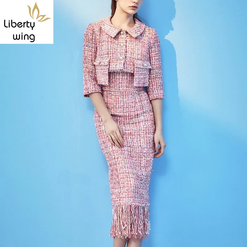 

New Office Ladies Tweed Jacket Tassels Wrap Skirt Two Piece Set Women Runway Spliced Twill Short Coats Skirts Outfits Suits