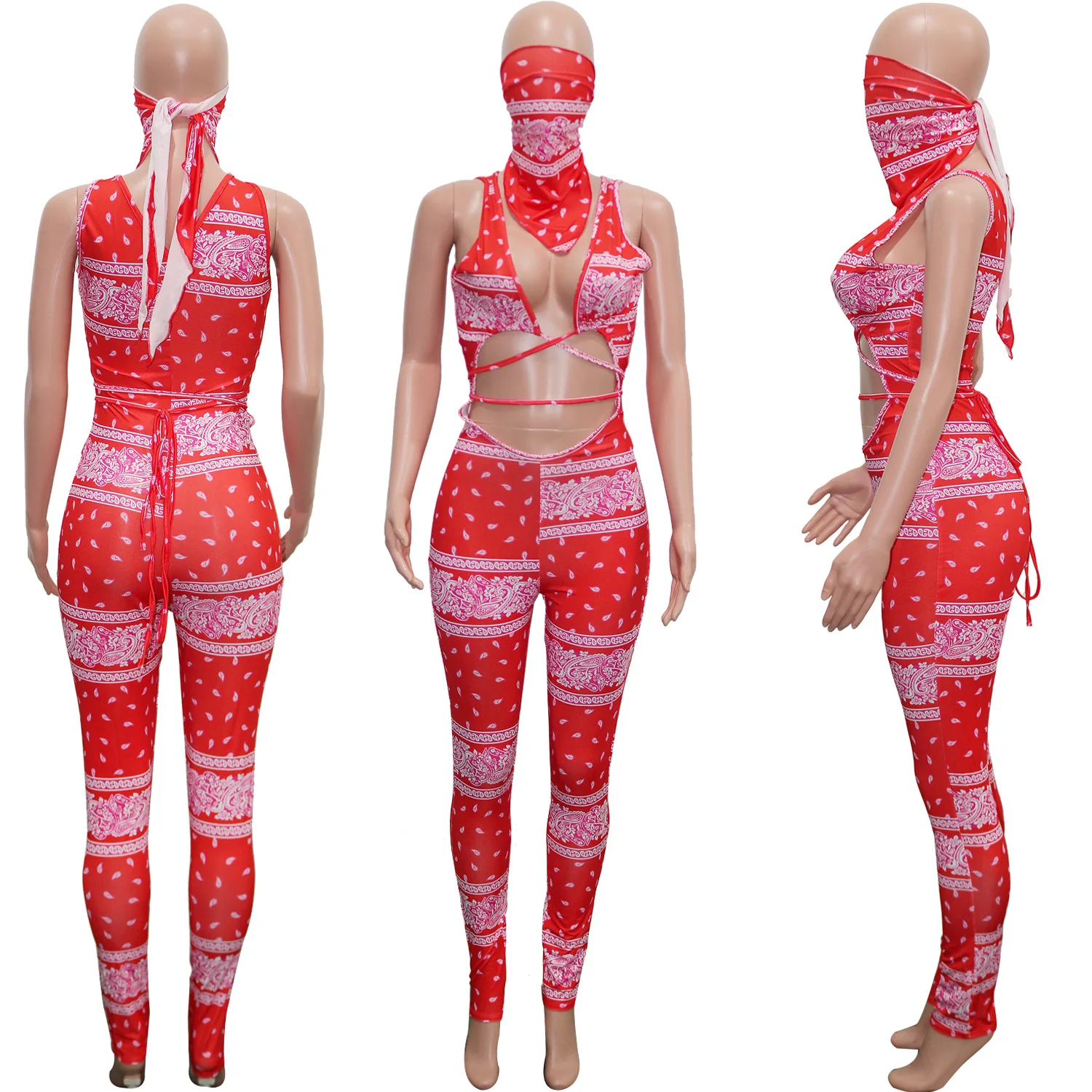 Women Summer Sport Sexy Lace Up Party Club Bandanna Print Cut Out Front Bodycon Jumpsuit with Face Towel Two Piece Set Rompers