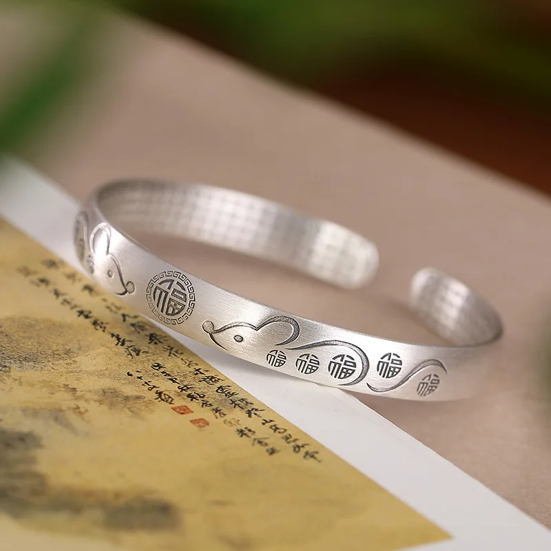 ★999 fine silver benmingnian zodiac mouse male lady bracelet retro matte opening the heart sutra solid bracelets