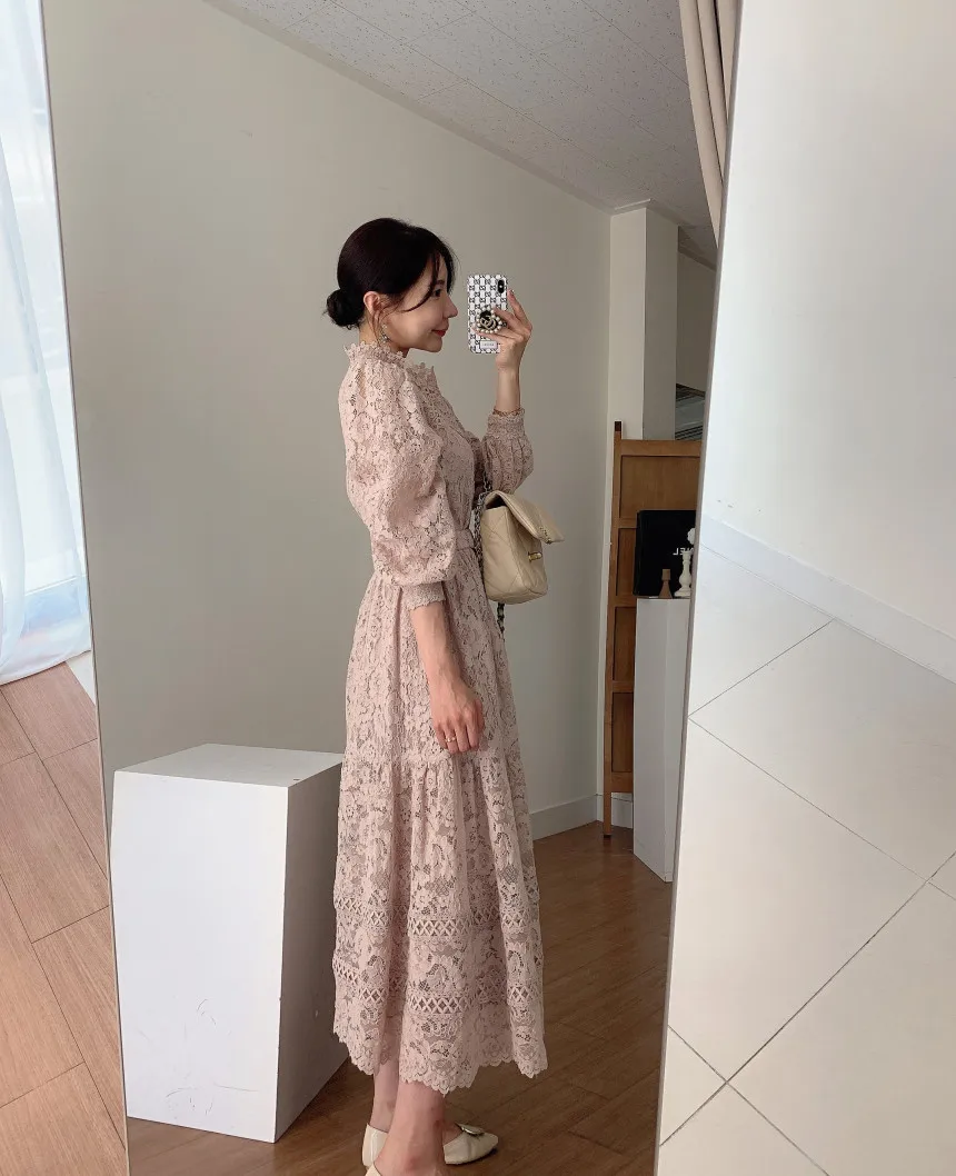 Hight Quality New Fashion Elegant Runway Crochet Lace Dress Women\'s Long Lantern Sleeve Stand Collar A Line Dress vestidos