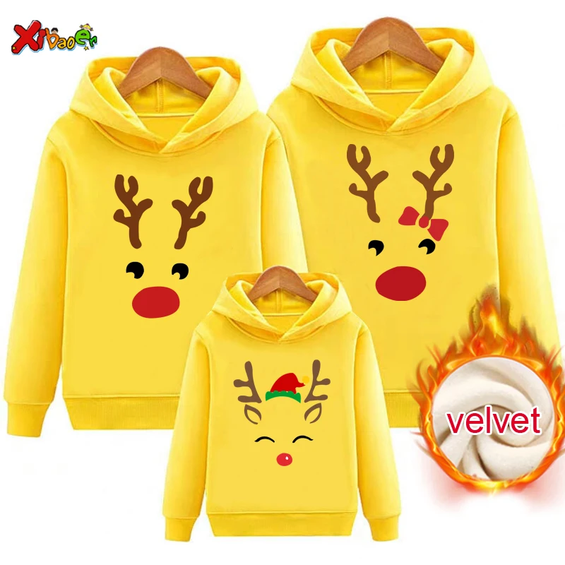 Family Matching Outfits Hoodies Warm Christmas New Year Sweater Pajamas Adult Kids Gift Children Clothing Sweatshirt Plus Velvet