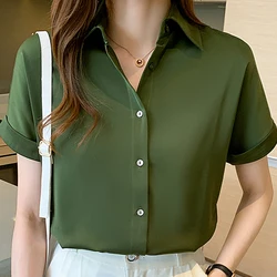 Blouses Summer Short Sleeve Blouse Women Blusas Mujer De Moda 2024 Verano Turn Down Collar Chiffon Blouse Shirt Women Tops E704