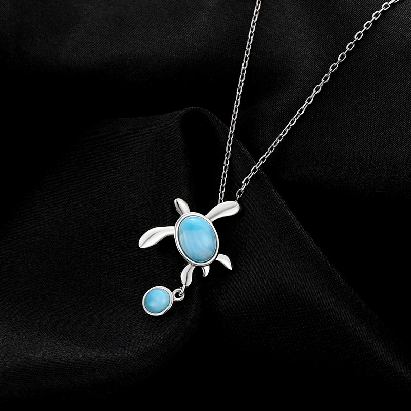 Sea Turtle 925 Sterling Silver Jewelry Gifts Classic Precious Pendant Necklace Natural Larimar Retro Woman Loveliness Charm