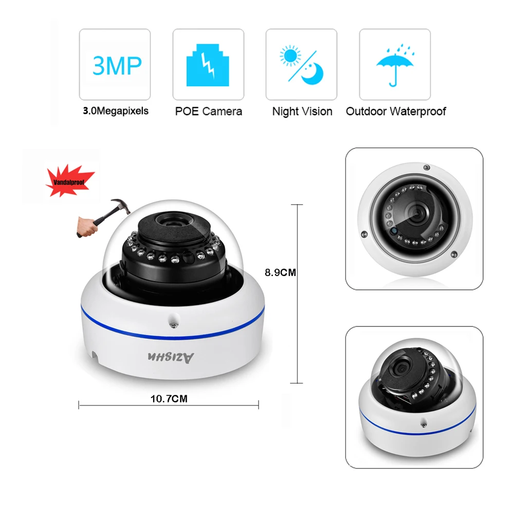 AZISHN Explosion-proof H.265 8CH 3MP POE Security Camera System NVR Kit Audio IP Camera Indoor Outdoor CCTV Surveillance NVR Set