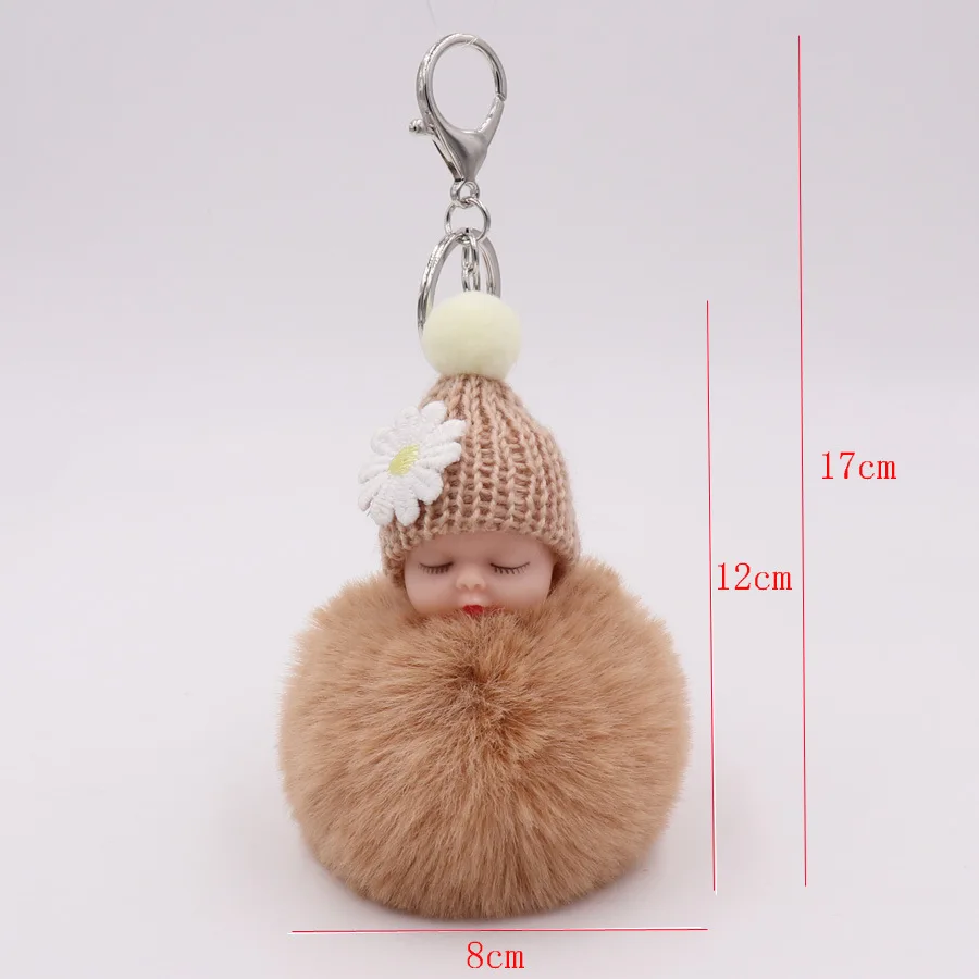 Sleeping Baby Doll Keychain Flower Pom Pom Rabbit Fur Ball Key Chain Fluffy Car Keyring Porte Clef Bag Key Ring