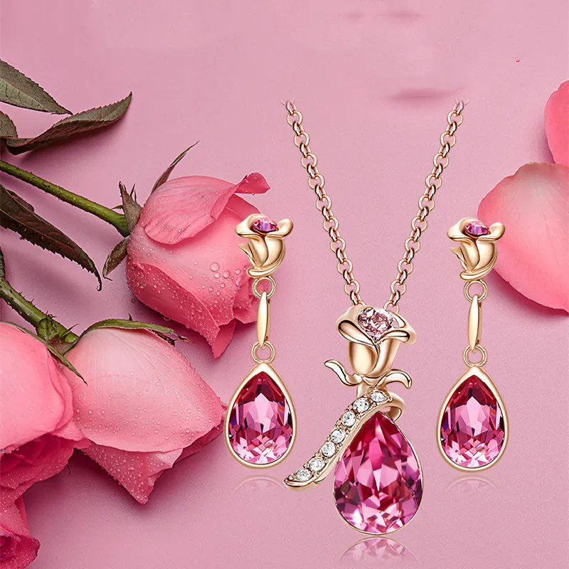 2021 New Rose Flower  Uses High-Quality Environmentally Friendly Copper Natural Crystal Necklace Ear Jewelry