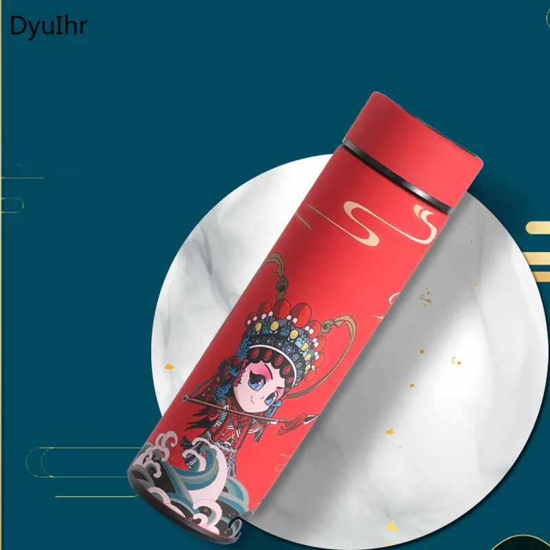 DyuIhr 500ml Chinese style smart vacuum flask frosted art To make tea stainless steel cup Chinese opera pattern water cup