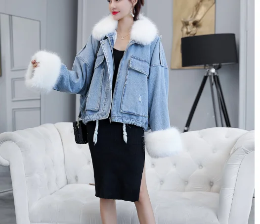 

2022 The New Winter Denim Jacket Women Soft Fur Liner Jeans Jacket Fur Collar Outwear Vintage Plus size Loose Thick Warm Jean Co