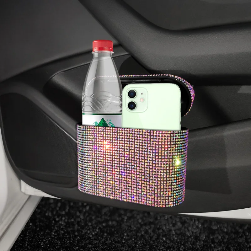 Car Rhinestone Trash Can Convenient  Storage Bucket Tissue Phone Bin Garbage Box for Car Garbage Can with Lid Car Accessories