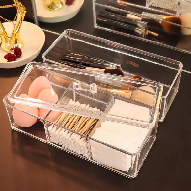 1/2 Layer Makeup Organizer Cosmetic Storage Box Cotton Pad Holder Storage Container with Lid Acrylic Makeup Brush Holder