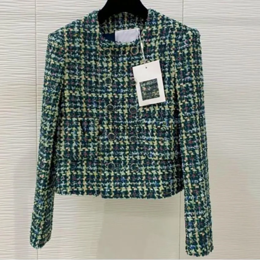 

Small fragrant woolen green gemstone woven short jacket women autumn winter French double-breasted tweed plaid outwear