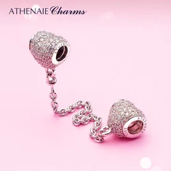 ATHENAIE 925 Sterling Silver Clear CZ Heart Shape Conection Safety Chain Charms Fit all European Bracelet Authentic S925 Jewelry