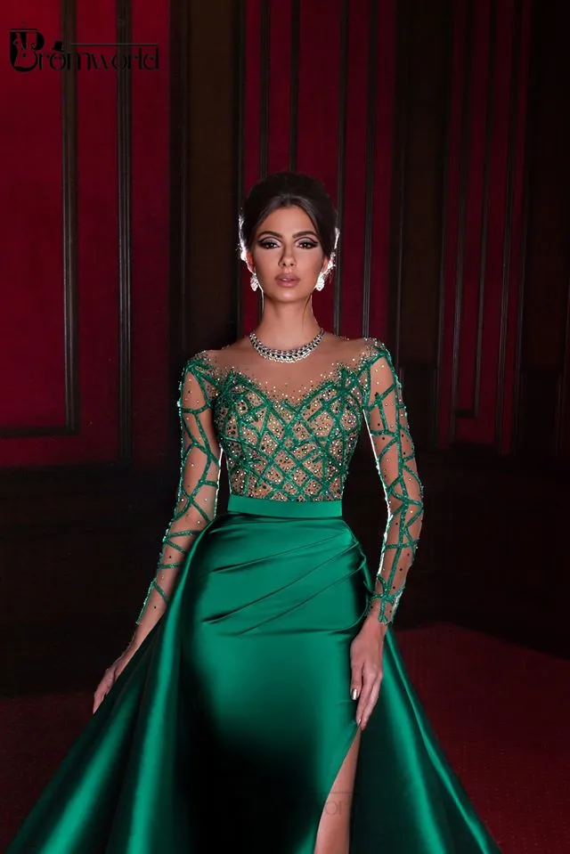 Elegant Mermaid Evening Dresses 2024 Emerald Green Formal Dress Full Long Sleeves Satin Sexy Slit Beads Party Prom Gowns