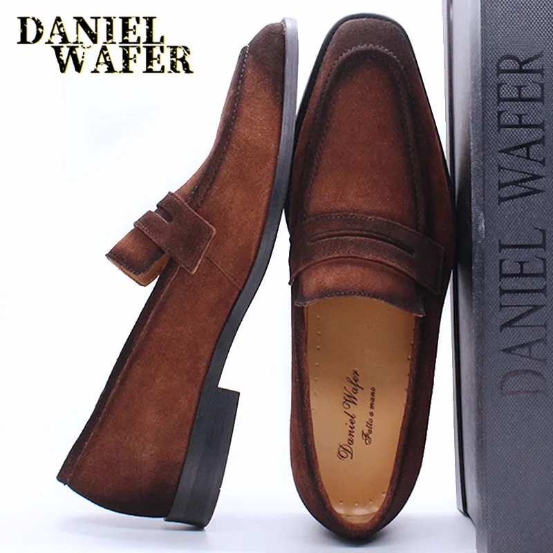 Luxury Men\'s Loafers Shoes Suede Leather Penny Loafer Slip On Brown Black Man Casual Shoe Office Wedding Dress Summer Shoes 2020