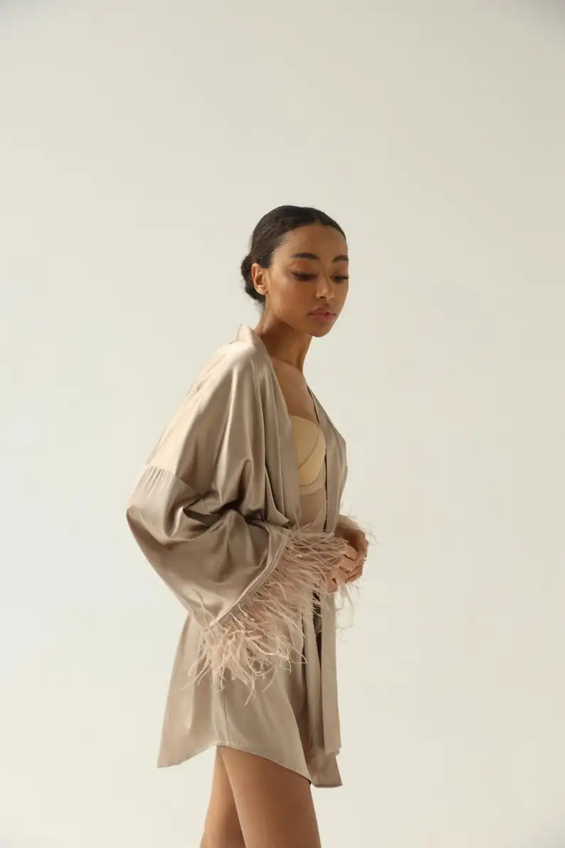 Ostrich Feather Women Sleepwear Long Sleeve Maternity Sexy Kimono Party Bathrobe wiht Belt Lady Nightgown Robe