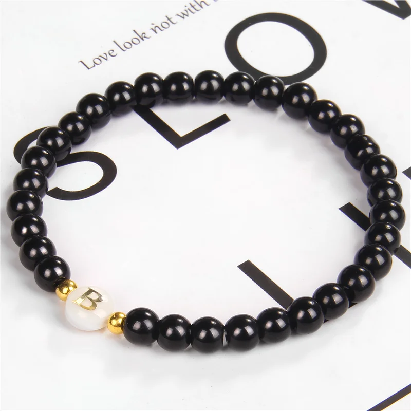 26 Letters Bracelets Black 6 mm Onyx Agat Beads Bangle Couples Elastic Jewelry Lovers Gift Name Charm Bracelet Women Men Браслет