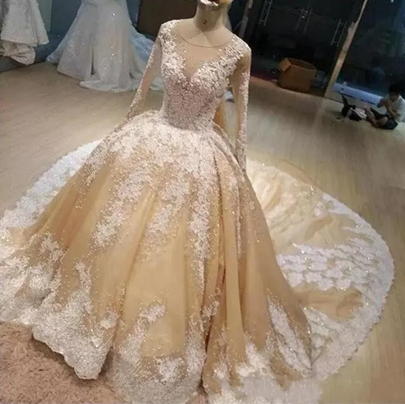 Vestidos de novia champán con Apliques de encaje, joya de cuello transparente, manga larga, vestido de novia 2023 con cremallera, tren de barrido hecho a medida