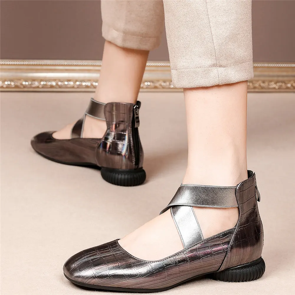 Silver Grey Women Ankle Cross Strap Genuine Leather Low Heel Pumps Shoes Female Square Toe Platform Oxfords Shoes Casual Shoes