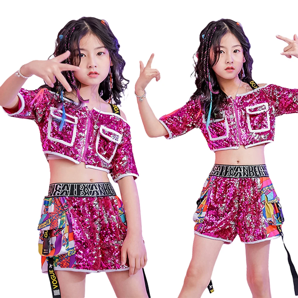 Lolanta 2Pcs Kids Glitter Purple-Red Sequin Crop Tops Shorts Set Children\'s Fashion Hip Hop Dance Stage Performance Wear