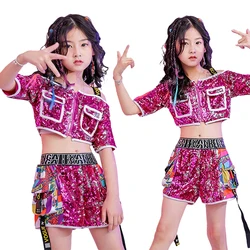 Lolanta 2Pcs Kids Glitter Purple-Red Sequin Crop Tops Shorts Set Children's Fashion Hip Hop Dance Stage Performance Wear