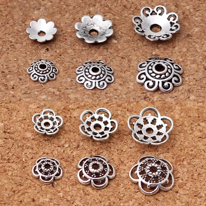 100 Chiếc Bạc Tây Tạng Hoa Đính Hạt Mũ Giá Đỡ 8 Mm 10 Mm 12 Mm Vintage Vòng Tay Hạt Cuối Đuôi Tiếp Nhận tự Làm Trang Sức Phát Hiện