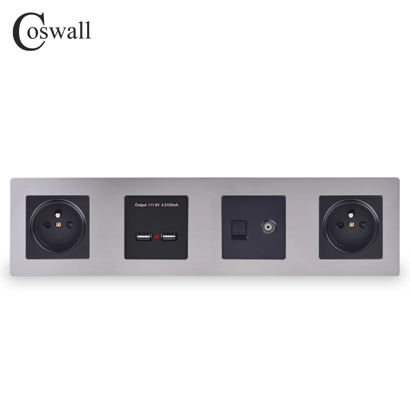 COSWALL Silver Stainless Steel Panel Black Double Wall French Socket + Dual USB Charging Port + TV Jack with CAT5E Internet Port