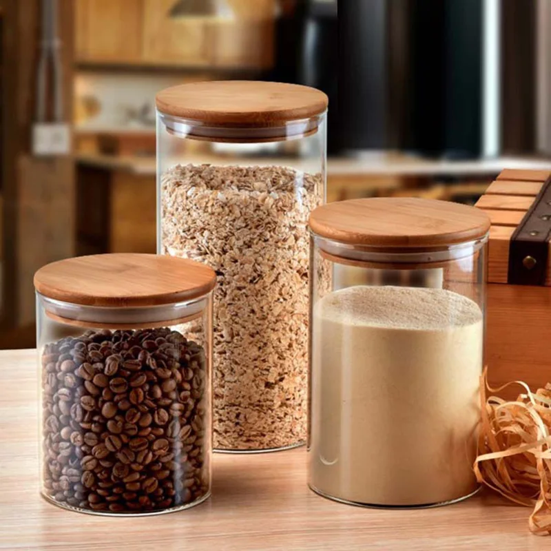 Transparent Glass Jars with Bamboo Lids, Food Storage Containers with Lid, Sealed Small Bottle, Kitchen Items