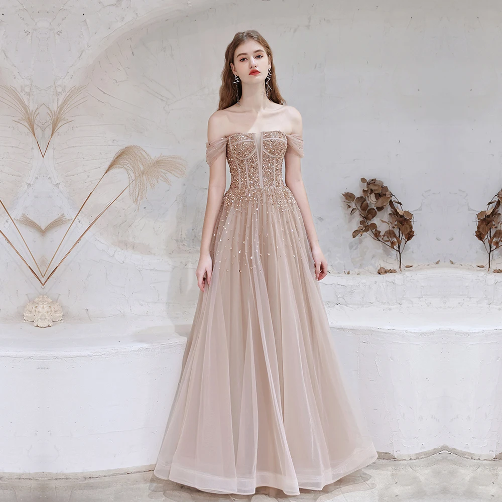 open lace back dress Off Shoulder Nude Pink Sequin Tulle Prom Dresses, Classic Corset Prom  Dresses, 2021 Prom Dresses main image 1