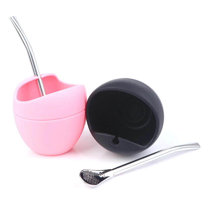 2021 Black/Pink 5oz Silicone Bombillas Yerba Mate Cup Set Tea Cup With Yerba Bombilla Straw -40℃---＋240℃