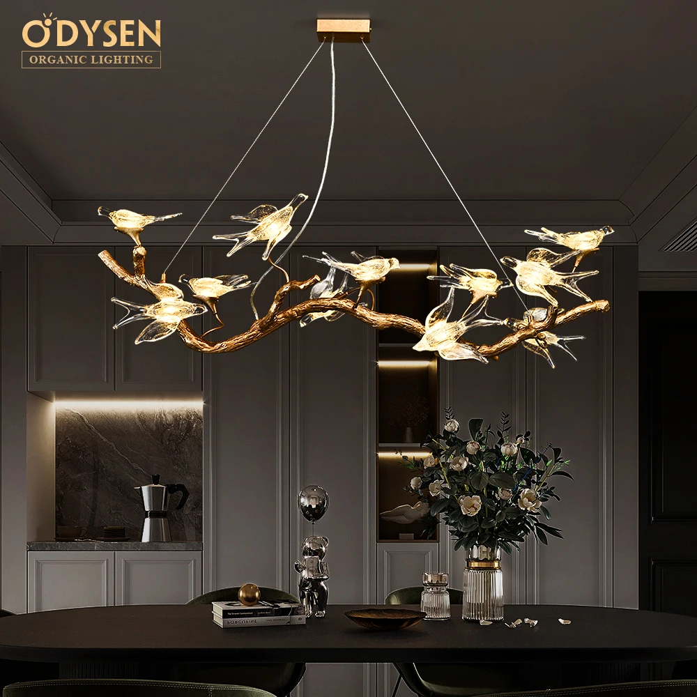 ODYSEN ART DECO Copper Chandelier Creative Handmade Glass Bird Living Room Decoration Lighting Fixture Tree Branches Island