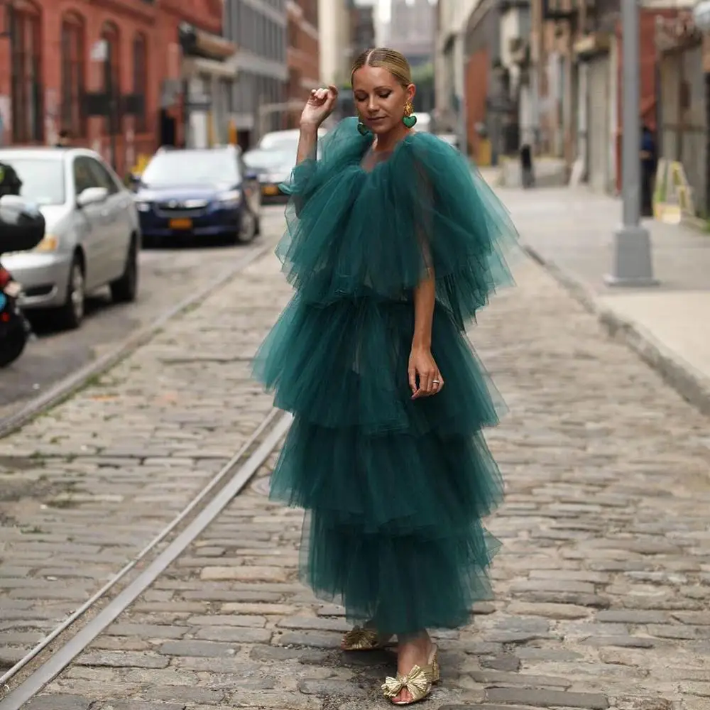 Extra Puffy Dark Green Ruffle Tulle Dresses With Pocket Long Tutu Dresses Women 2020 Tiered Ruffles Prom Gown Girls Custom Made