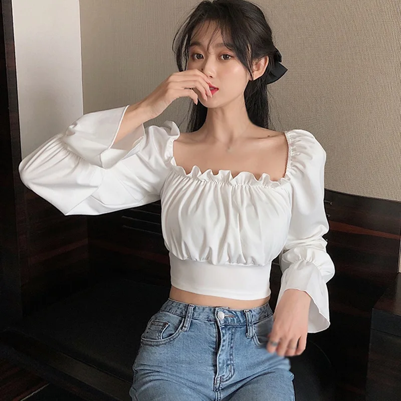 Back Lace Up Women Chiffon Blouse Korean Short Style Casual Top Solid Color Bandage Navel Exposed Puff Long Sleeve White Blouses