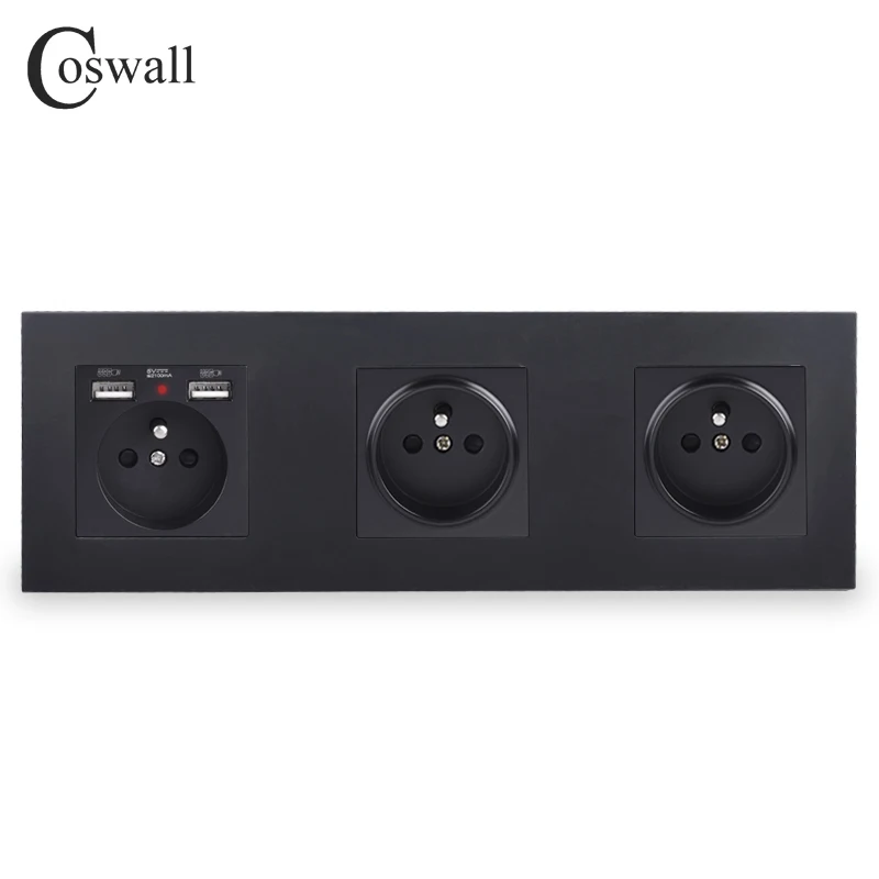 COSWALL Triple French Polish Wall Socket With 2 USB Charge Port Hidden Soft LED Indicator E20 Series PC Panel Black White Grey