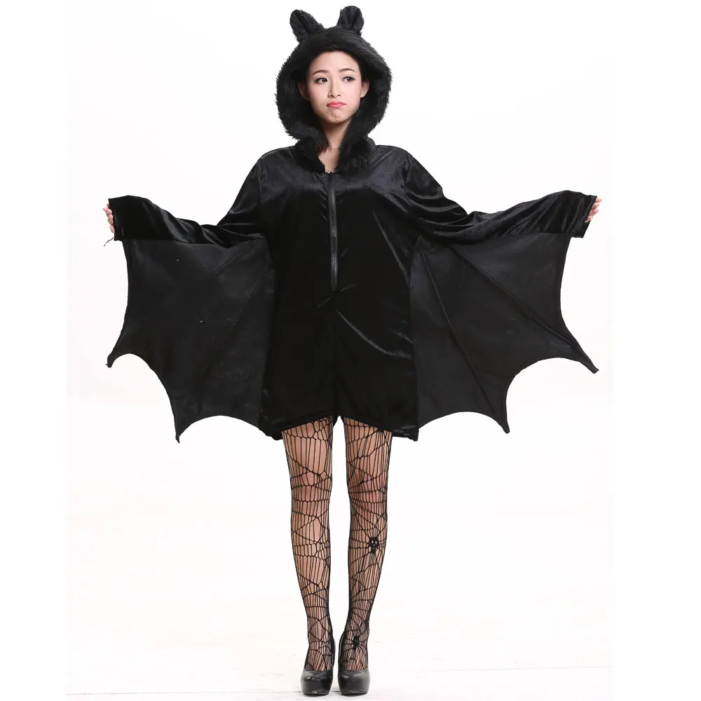 Umorden Halloween Purim Carnival Party Woman Black Bat Vampire Costumes for Women Fantasia Cozy Bat Cosplay Costume Furry Hood