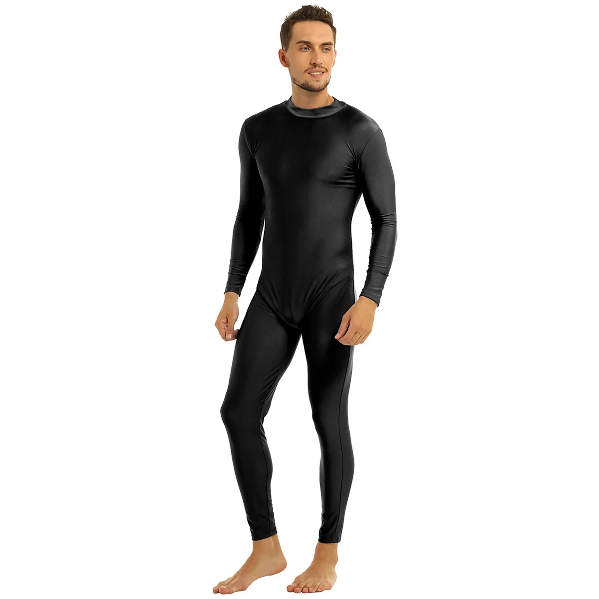 Mens Full Body Spandex Zentai Pak Zwarte Lange Mouwen Unitard Volwassen Rits Terug Footless Ballet Dancewear Bodysuit Kostuums