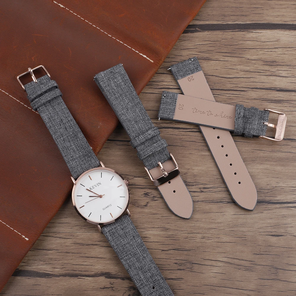 Nylon Canvas Fabric Watch Gray Cow Leather Watch Strap Band 16mm 20mm Wristwatch Accessories for Women Men Watch