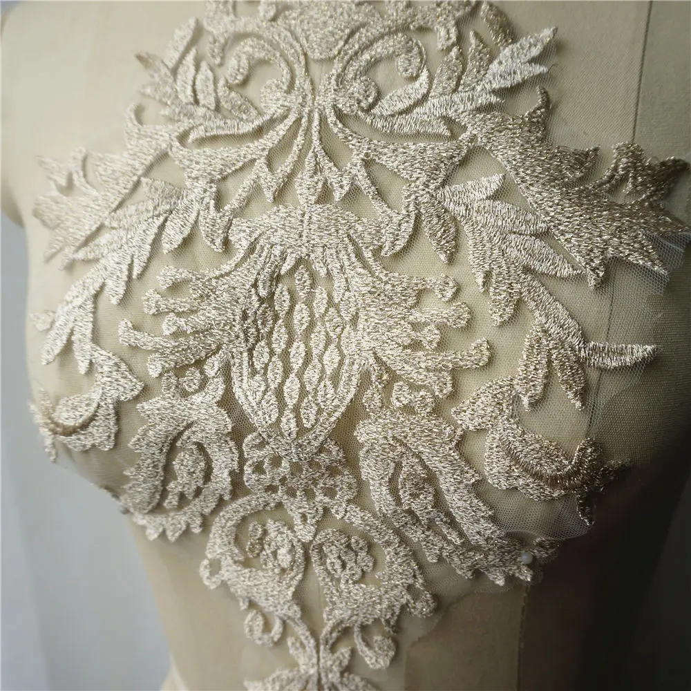 Gold Thread Lace Fabric Flora Embroidered Wedding Gown Appliques Baroque Collar Sew Patch For Dress DIY Decoration