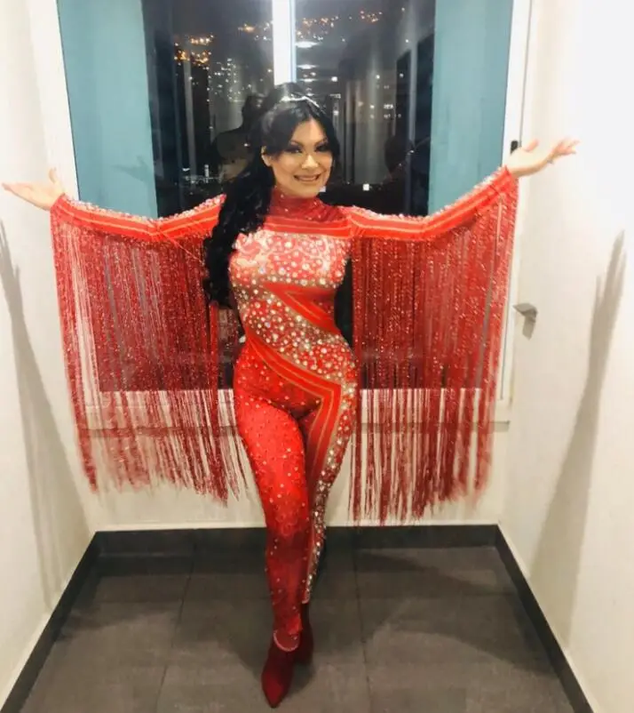 Silver Red Rhinestones Fringe Jumpsuit Birthday Celebrate Outfit Bar Dance Leggings Women Singer Dancer Outfit