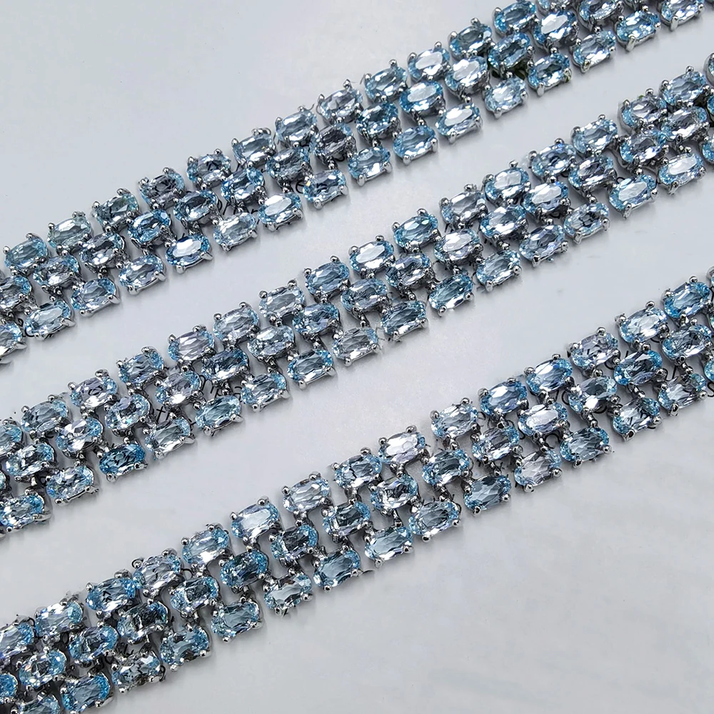 Luomansi 92 Natural Blue Topaz Three Row Bracelet 17 19CM 100%-S925 Sterling Silver Jewelry Anniversary Party Gift