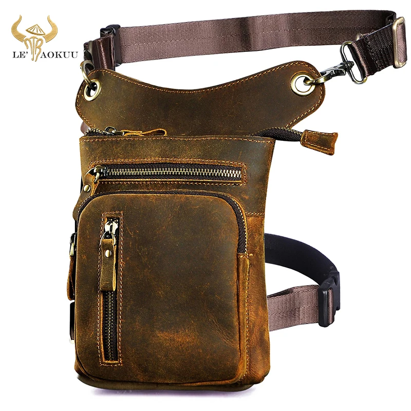 Crazy Horse Leather Men Design Classic Sling Pouch Bag Multi-function Fashion Travel Fanny Waist Belt Pack Leg Drop Bag 211-11