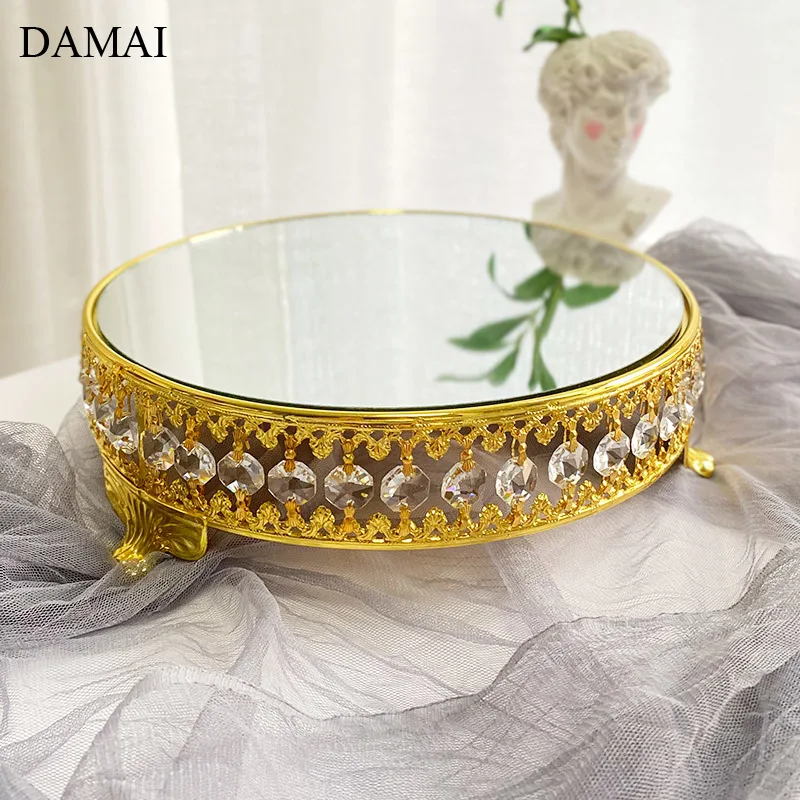 Gold Inlay Cake Stand European Luxurious Crystal Embellishment Glass Mirror Dessert Pastry Display Tray Afternoon Tea Decoration