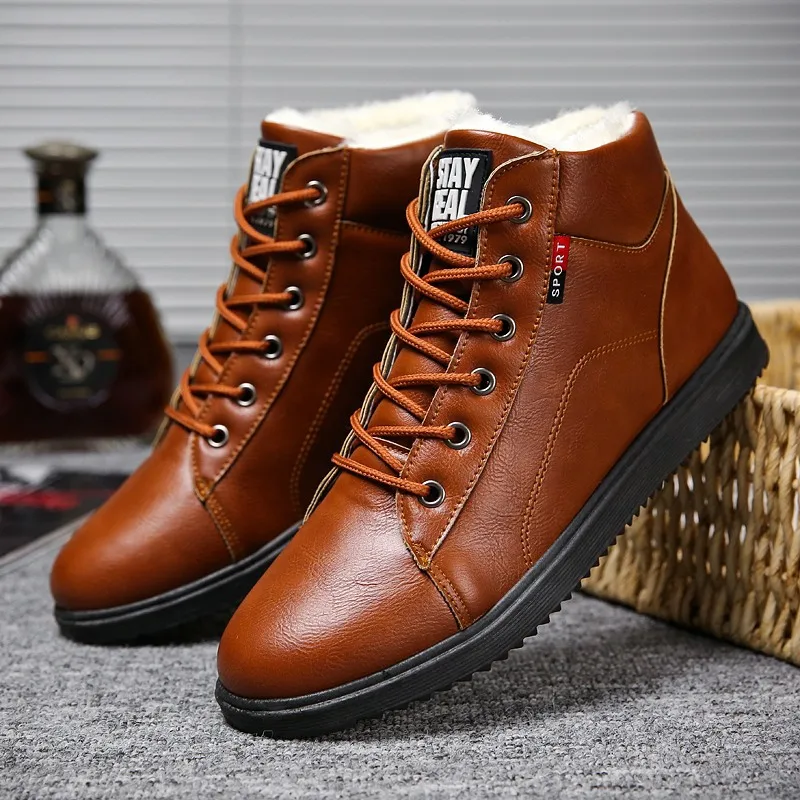 2019 Autumn Winter Warm Short Plush Sneakers Men Casual Shoes for Adult Quality Vintage PU Leather High Top Shoes Snow Boots