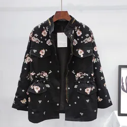 2023 Autumn Streetwear Fashion Embroidery Flowers Beading Trench Coat Women Mid Long Tooling Drawstring Black Windbreaker Female