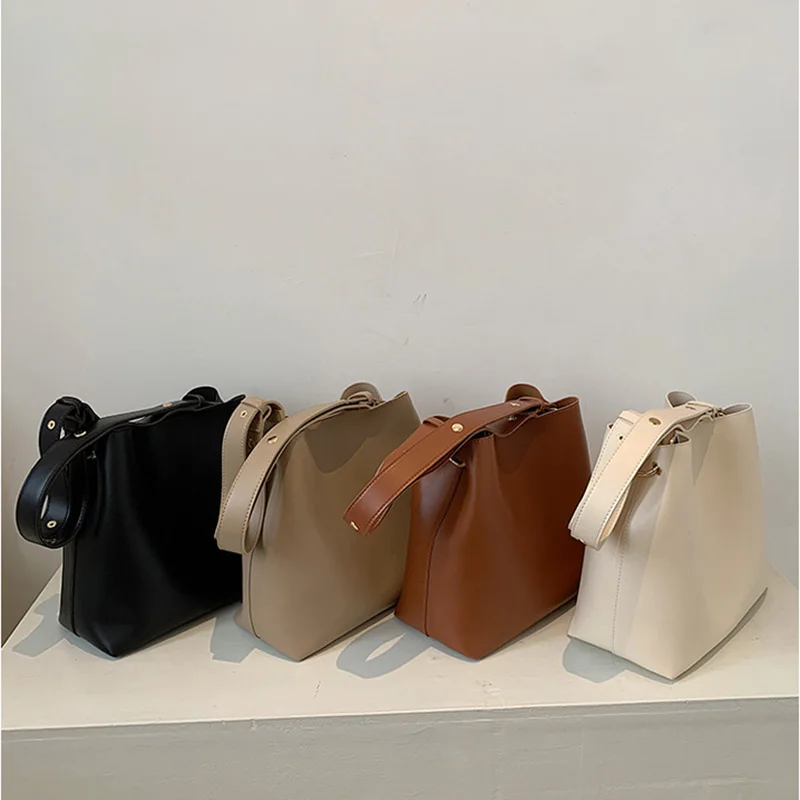 Casual Simple Commuting Soft PU Leather Bucket Bags Women Korean Style Fashion Large-Capacity Vintage All-Match Composite Bag