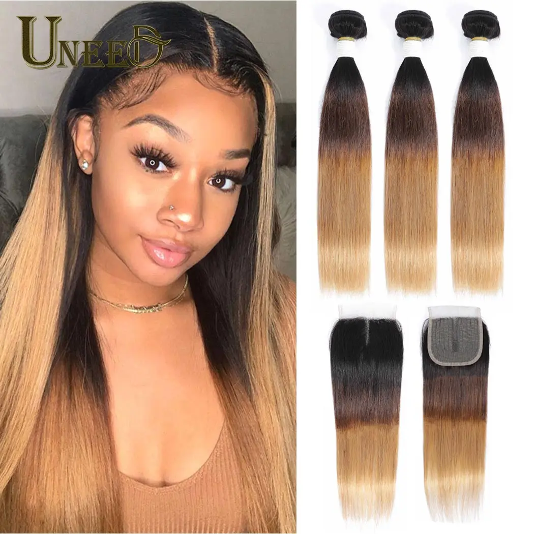 

Uneed Ombre Straight Human Hair 3Bundles With 4x4X1T Part Lace Closure1B/4/27 Remy Hair Peruvian Hair Weave Bundles With Closure