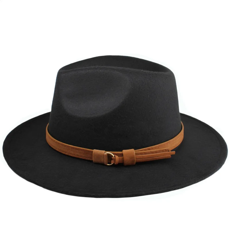 LUCKYLIANJI-Chapeau melon vintage à large bord en feutre pour enfant et adulte, Fedora ander, Jazz, bande en cuir, 54cm, 57 cm, 61cm