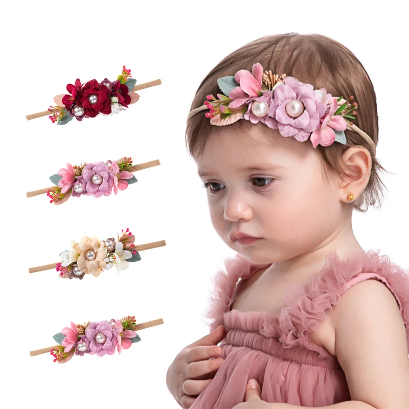 16pc/lot Boutique Pearl Flower Headband,Baby Rose Flower Nylon Headband Girls Photo Prop Hair Bands Kids Lace Pearl HeadbandS