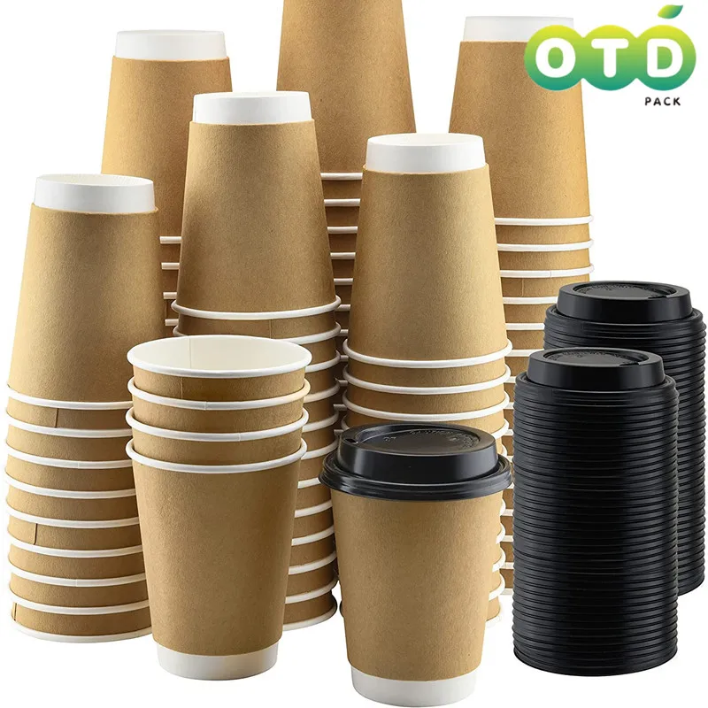 Double-Walled Paper Cup with Lids,Coffee Tea Hot Drinks Disposable Cups To Go Cups